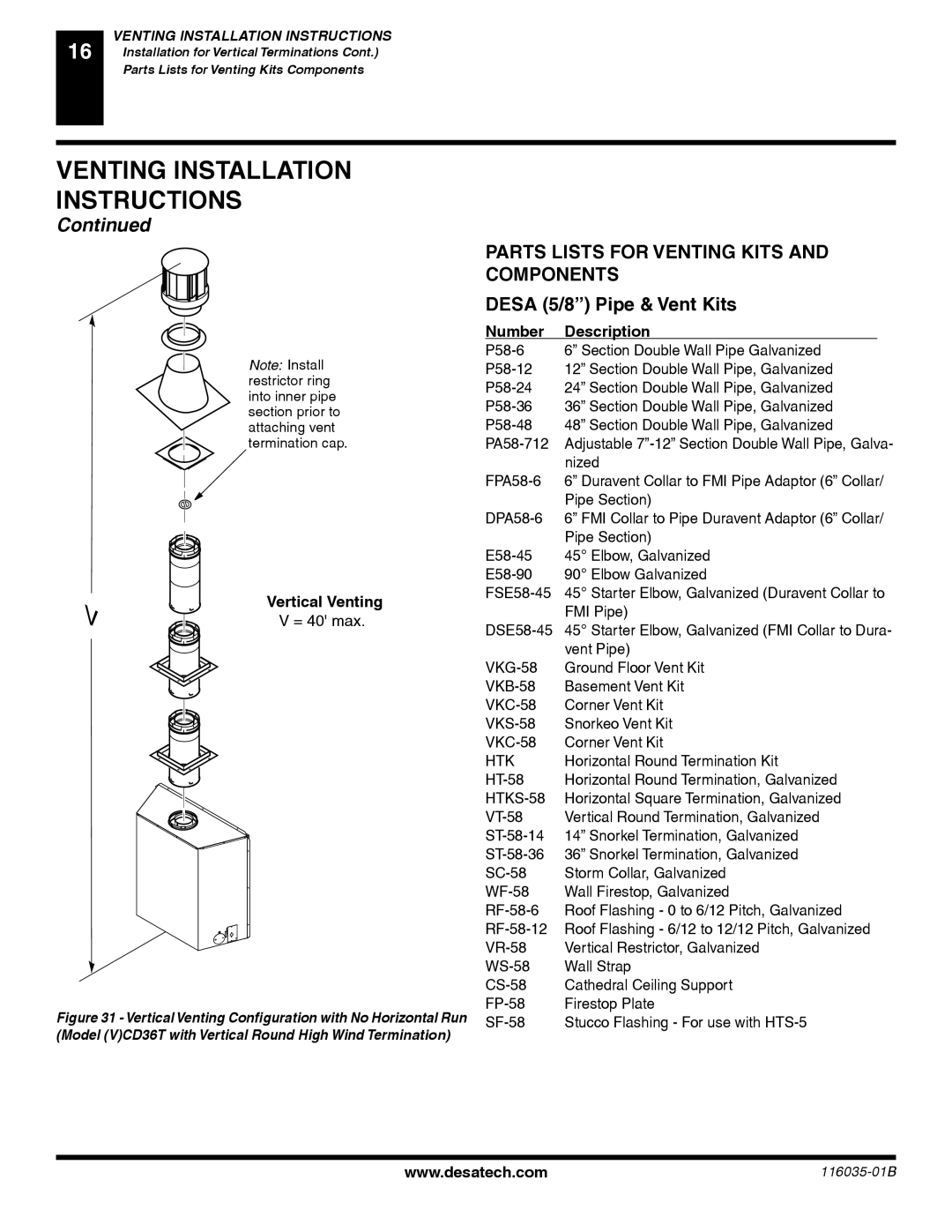 Desa (V) CD36R(N, (V) CD36T(N, P) Parts Lists for Venting Kits and Components, Vertical Venting, Number Description 