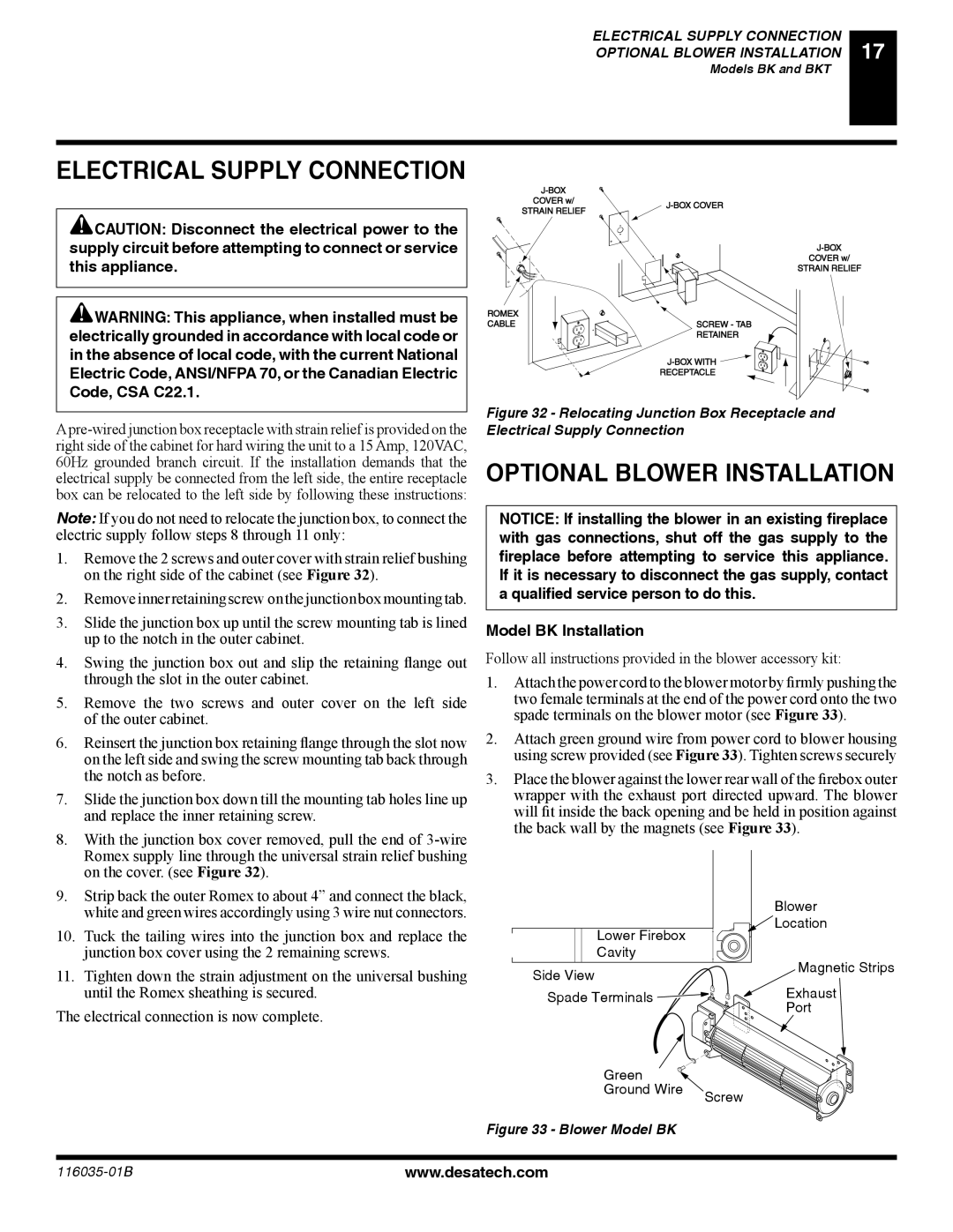 Desa P), (V) CD36T(N, (V) CD36R(N Electrical Supply Connection, Optional Blower Installation, Model BK Installation 