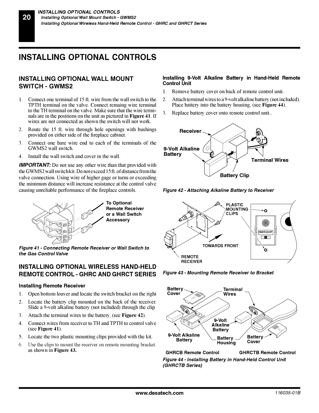 Desa P), (V) CD36T(N Installing Optional Controls, Installing Optional Wall Mount Switch GWMS2, Installing Remote Receiver 