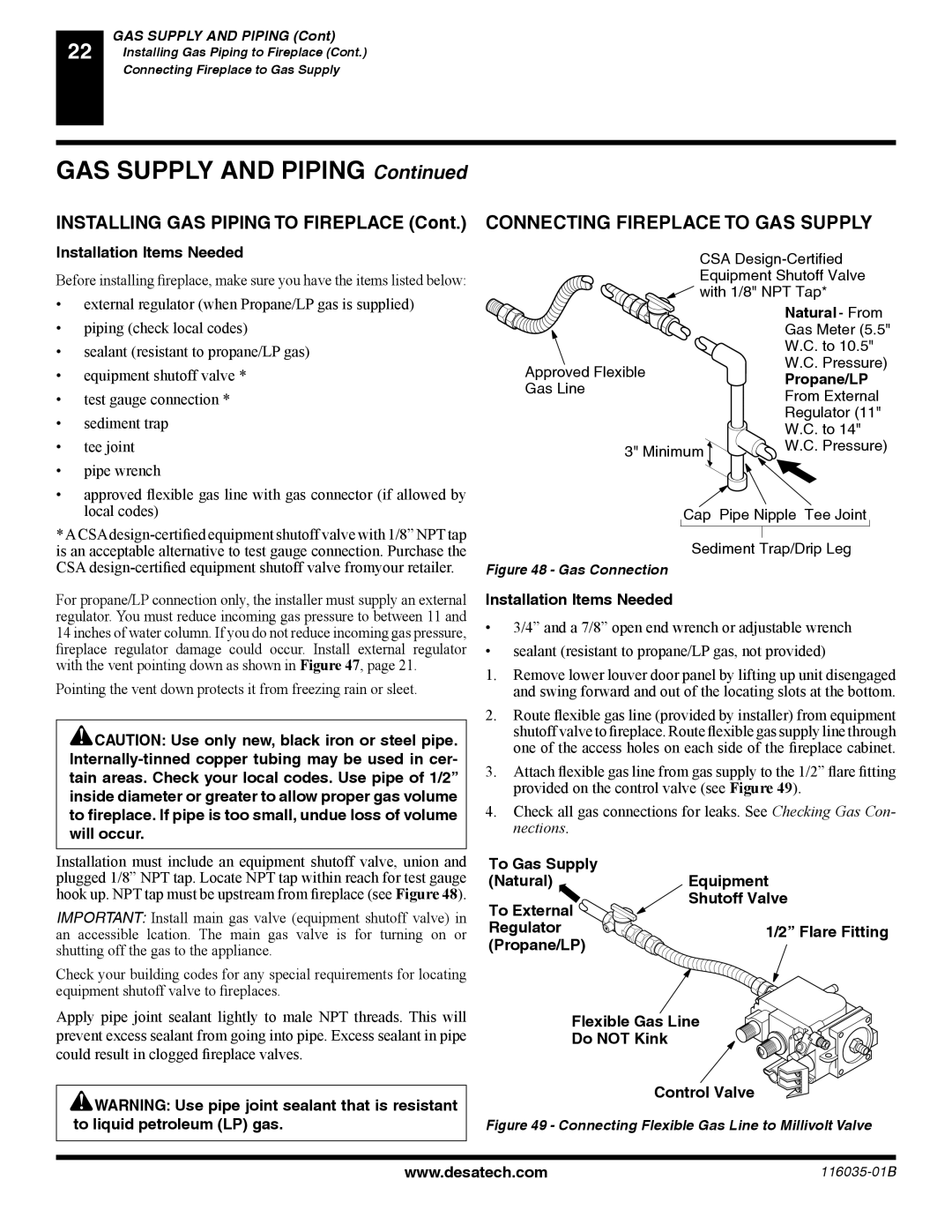 Desa (V) CD36R(N, (V) CD36T(N, P) Connecting Fireplace to GAS Supply, Installation Items Needed, Natural From, Propane/LP 