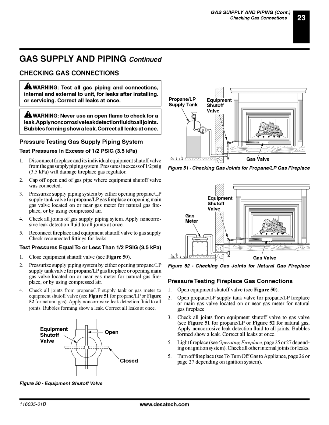 Desa P) Checking GAS Connections, Test Pressures In Excess of 1/2 Psig 3.5 kPa, EquipmentOpen Shutoff Valve Closed 