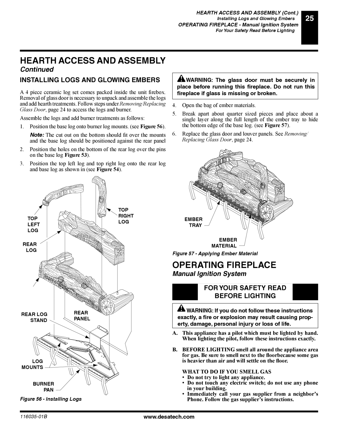 Desa (V) CD36R(N, P) Operating Fireplace, Installing Logs and Glowing Embers, For Your Safety Read Before Lighting 