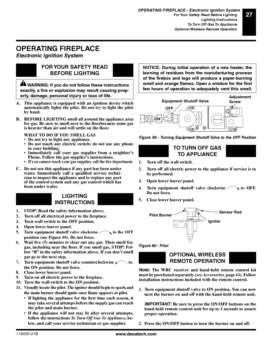 Desa (V) CD36T(N, (V) CD36R(N, P) Optional Wireless Remote Operation, Operating Fireplace Electronic Ignition System 