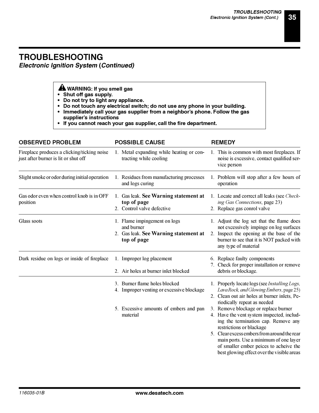 Desa P), (V) CD36T(N, (V) CD36R(N installation manual Gas leak. See Warning statement at 