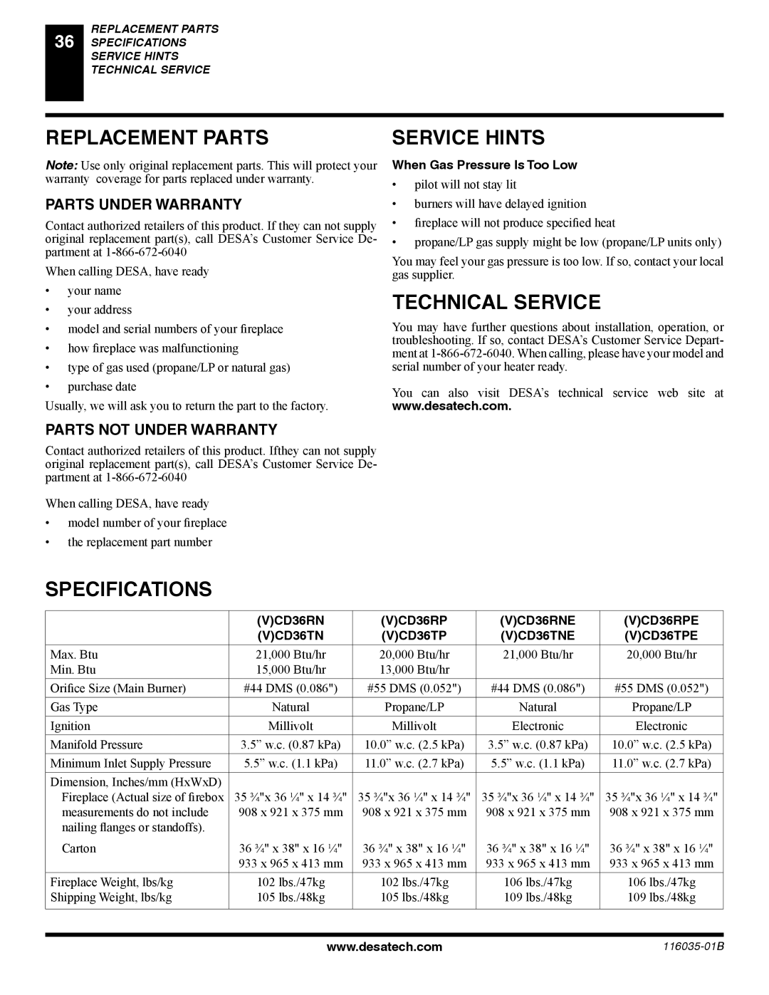 Desa (V) CD36T(N, (V) CD36R(N, P) installation manual Replacement Parts, Service Hints, Technical Service, Specifications 