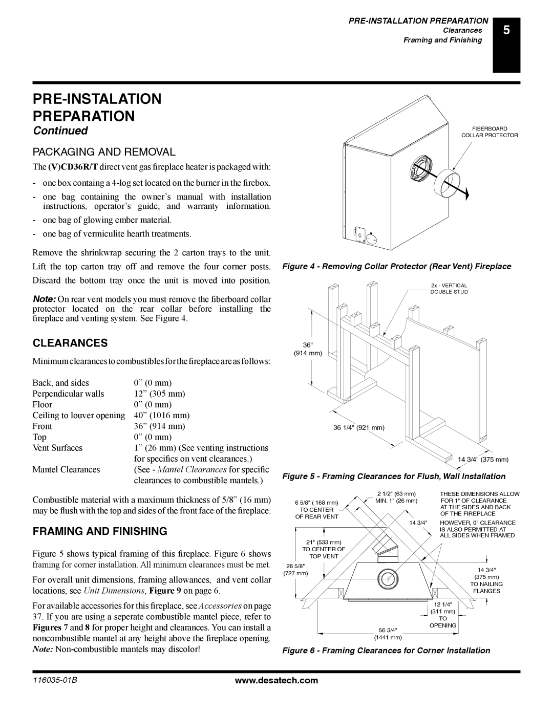 Desa P), (V) CD36T(N, (V) CD36R(N installation manual PRE-INSTALATION Preparation, Clearances, Framing and Finishing 