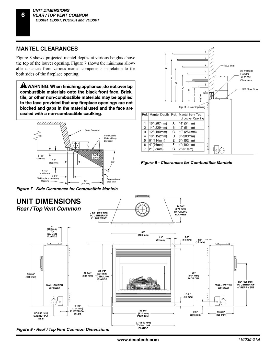 Desa (V) CD36T(N, (V) CD36R(N, P) installation manual Unit Dimensions, Mantel Clearances 