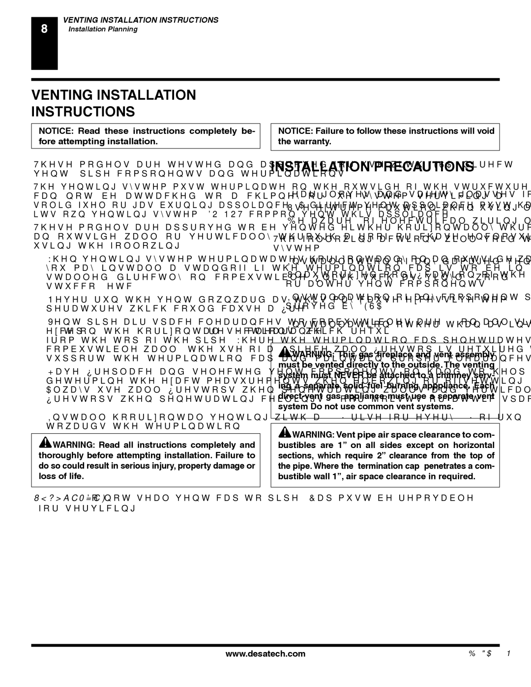 Desa P), (V) CD36T(N, (V) CD36R(N installation manual Venting Installation Instructions, Installation Precautions 