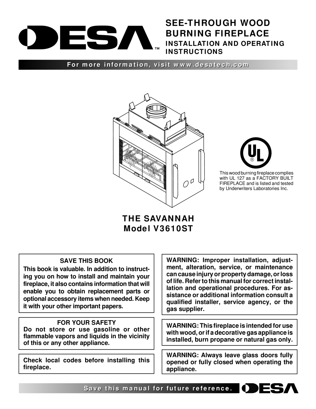 Desa V3610ST manual Savannah, Save this Book, For Your Safety 