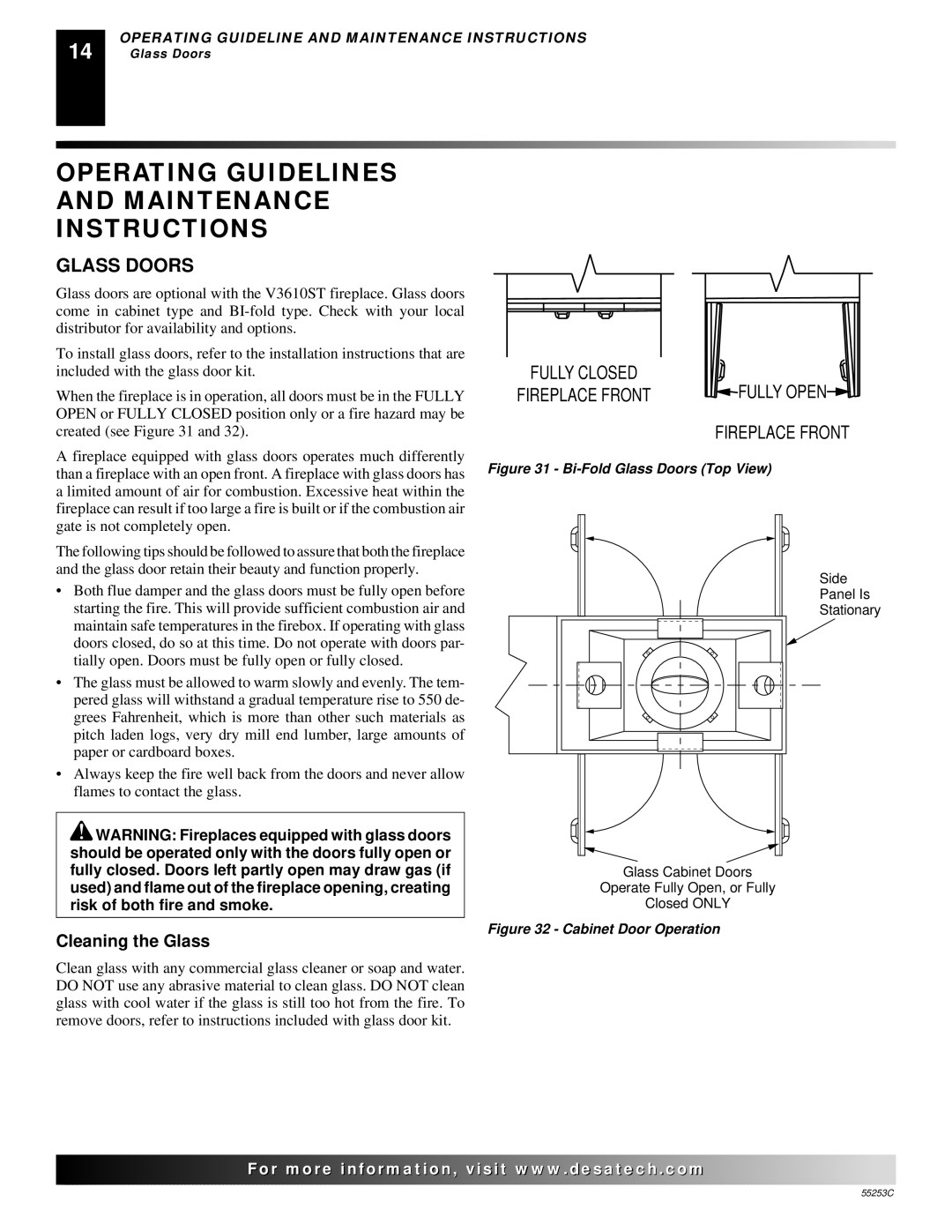 Desa V3610ST manual Operating Guidelines and Maintenance Instructions, Glass Doors, Cleaning the Glass 