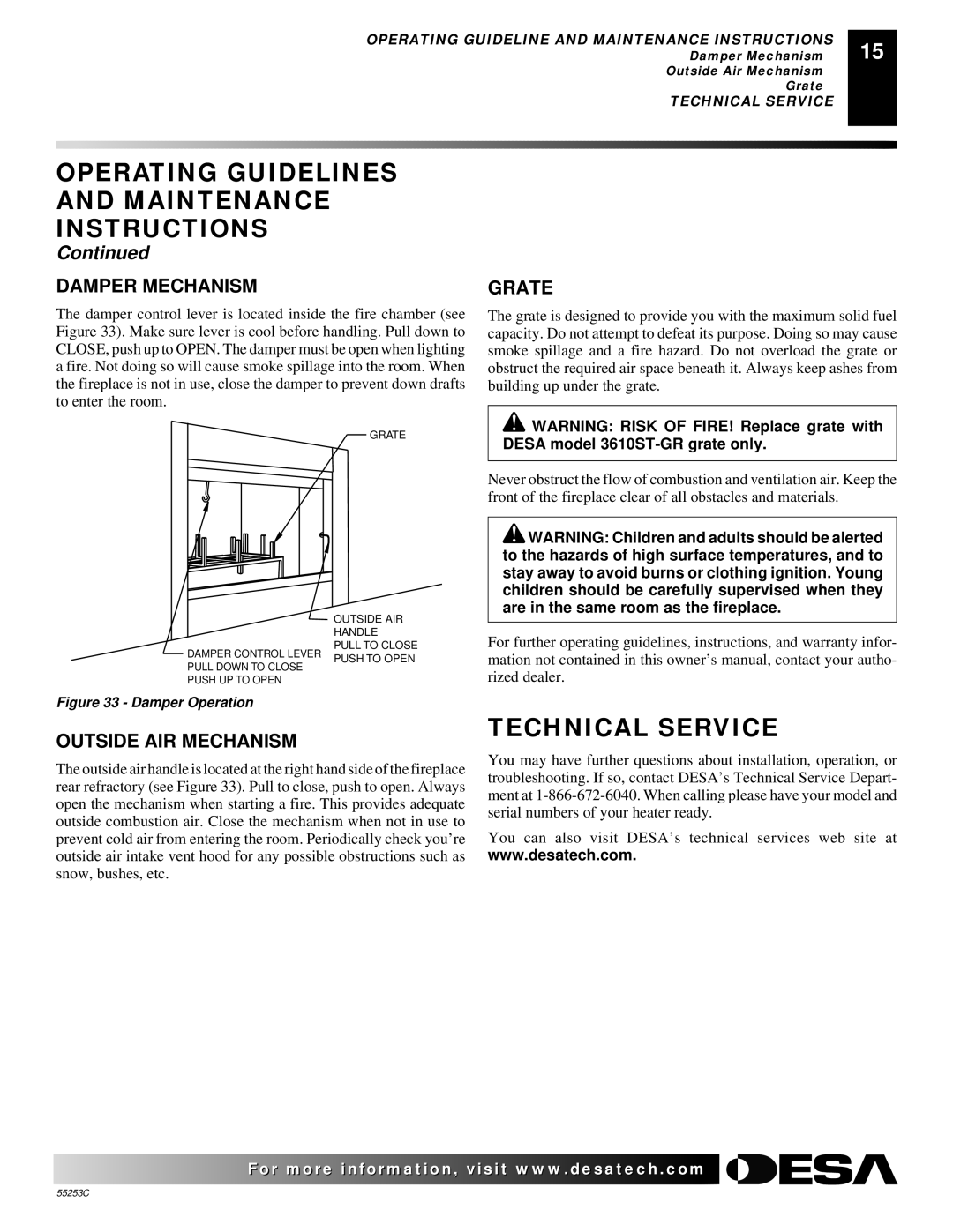 Desa V3610ST manual Technical Service, Damper Mechanism, Outside AIR Mechanism, Grate 