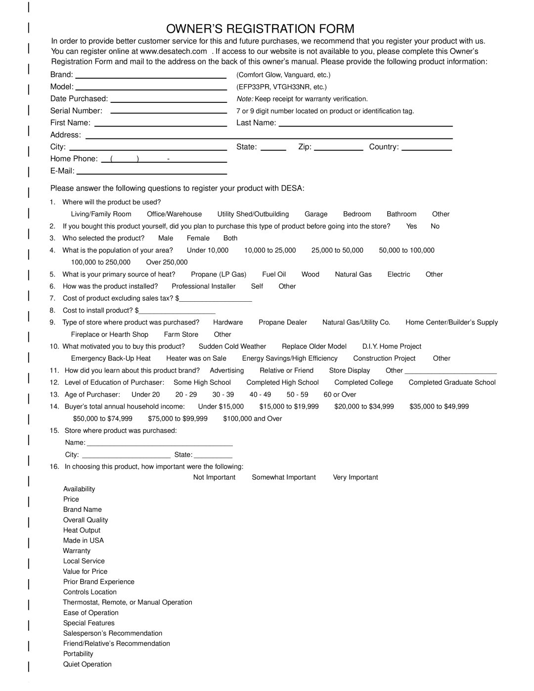 Desa V3610ST manual Owners Registration Form 