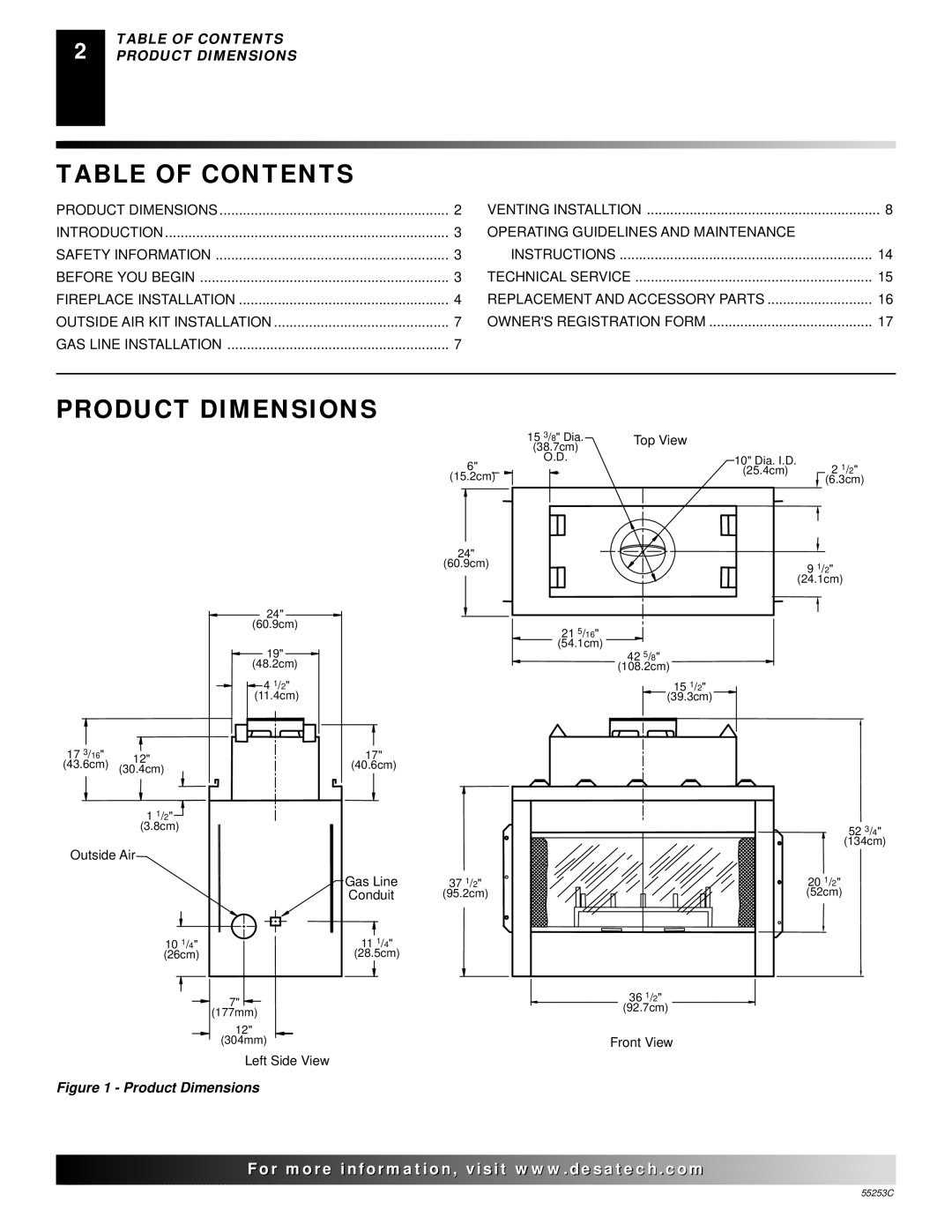 Desa V3610ST manual Table of Contents, Product Dimensions 