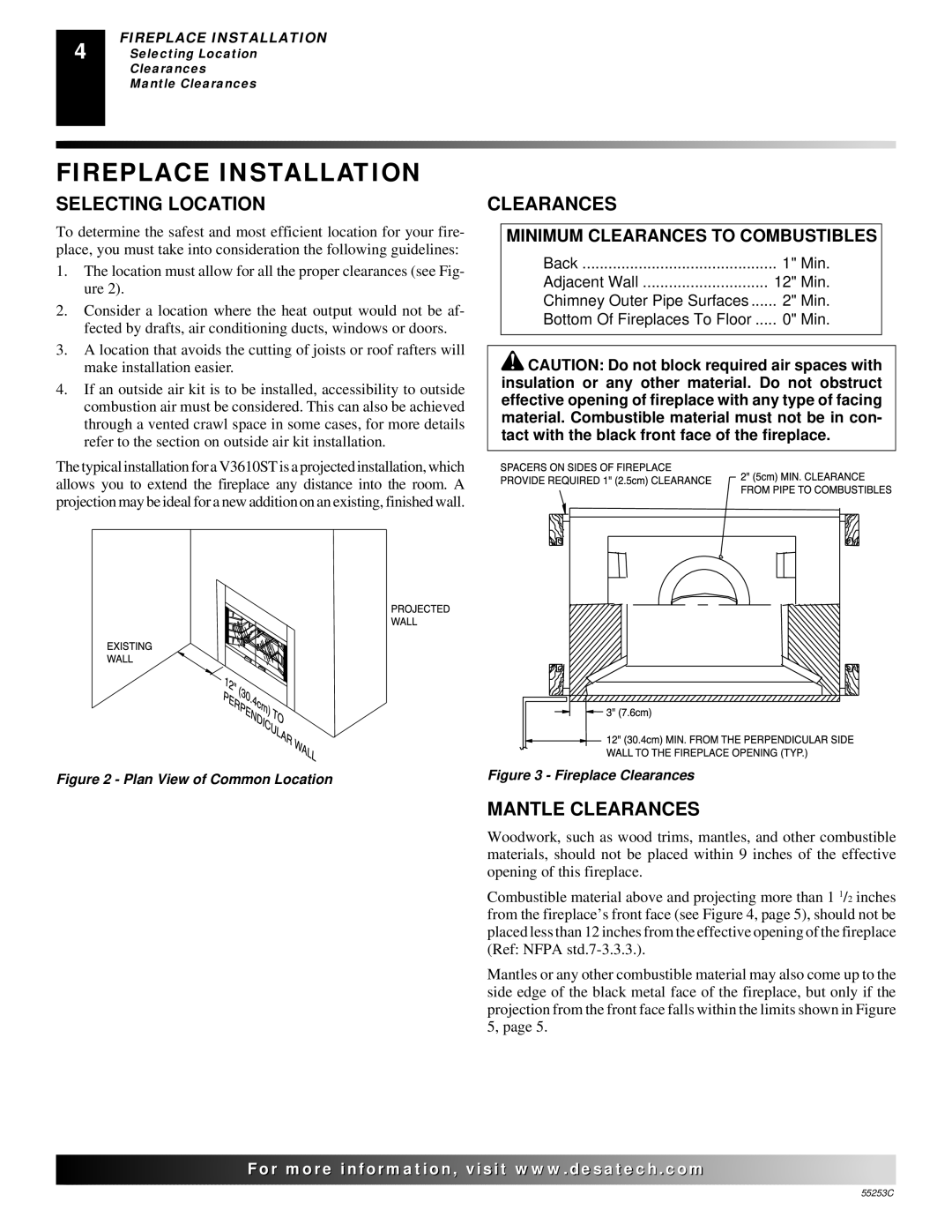 Desa V3610ST manual Fireplace Installation, Selecting Location, Mantle Clearances 