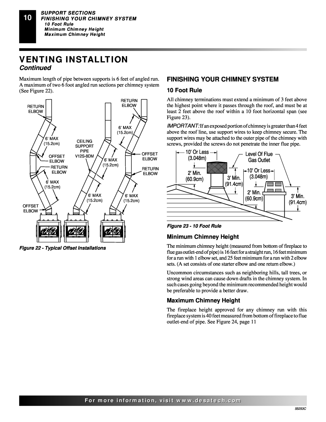 Desa V3610ST manual Venting Installtion, Continued, Finishing Your Chimney System, Foot Rule, Minimum Chimney Height 