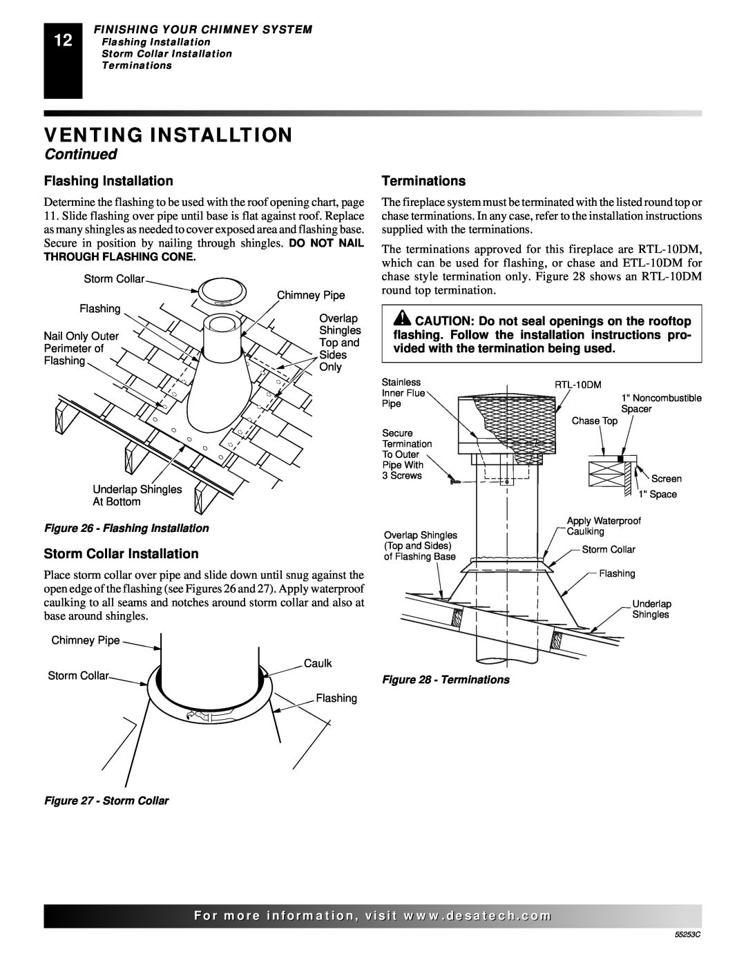 Desa V3610ST manual Venting Installtion, Continued, Flashing Installation, Terminations, Storm Collar Installation 