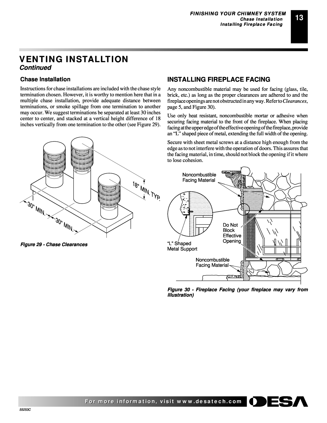 Desa V3610ST manual Venting Installtion, Continued, Installing Fireplace Facing 