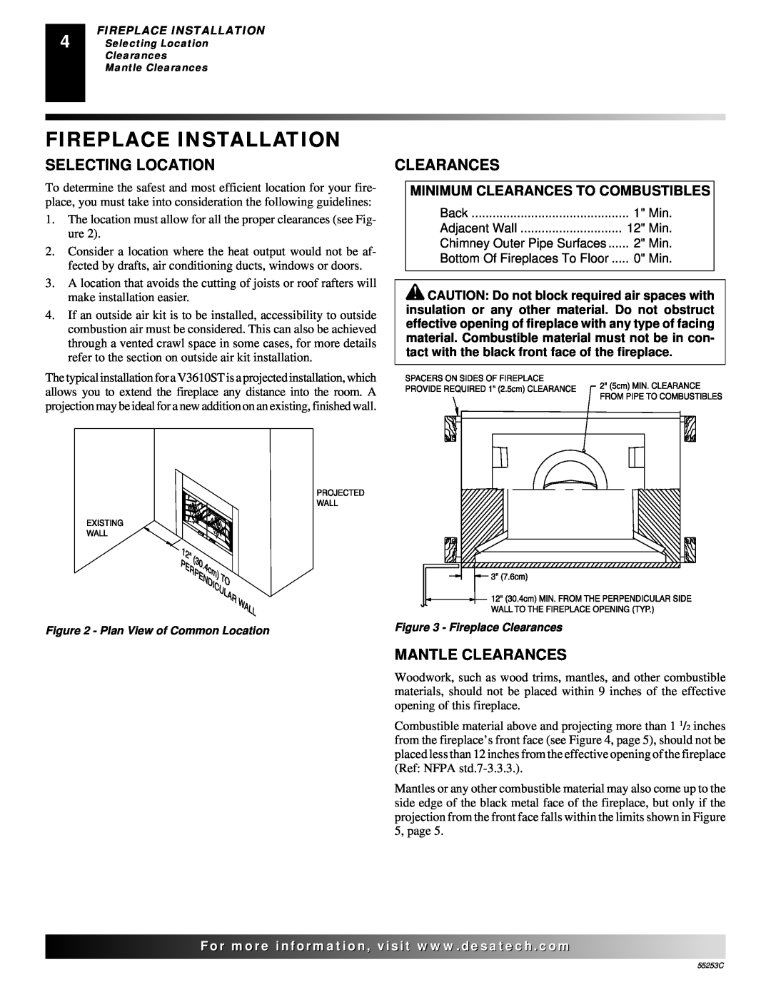 Desa V3610ST manual Fireplace Installation, Selecting Location, Mantle Clearances 