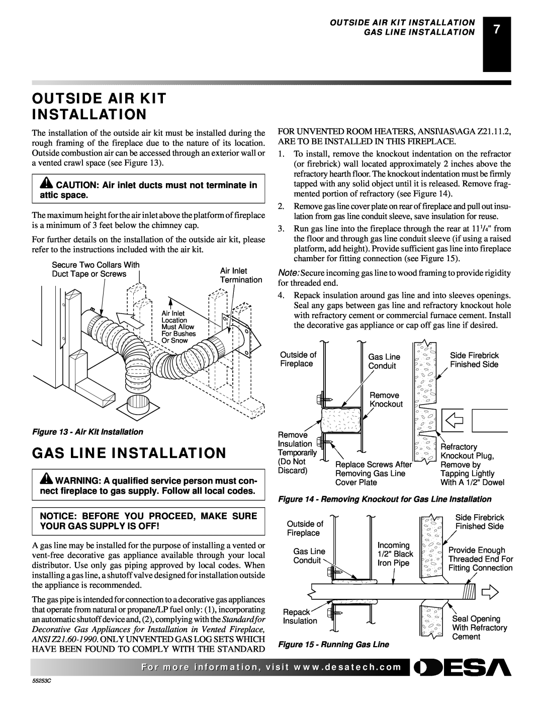 Desa V3610ST manual Outside Air Kit Installation, Gas Line Installation 