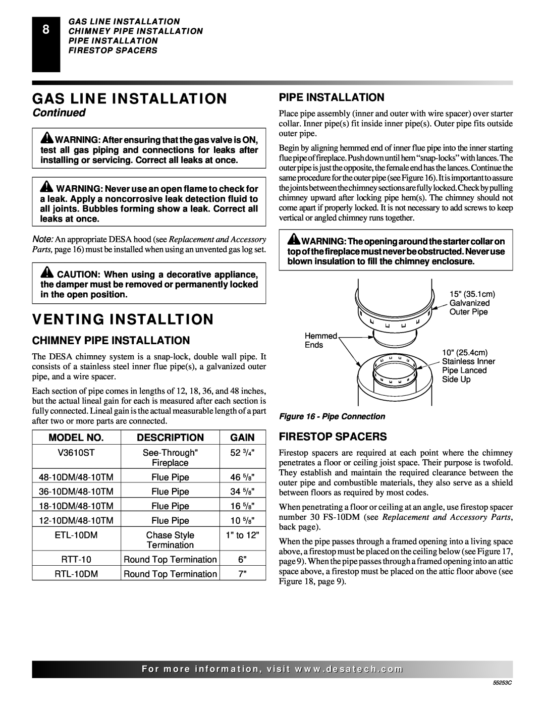 Desa V3610ST manual Venting Installtion, Gas Line Installation, Continued, Chimney Pipe Installation, Firestop Spacers 