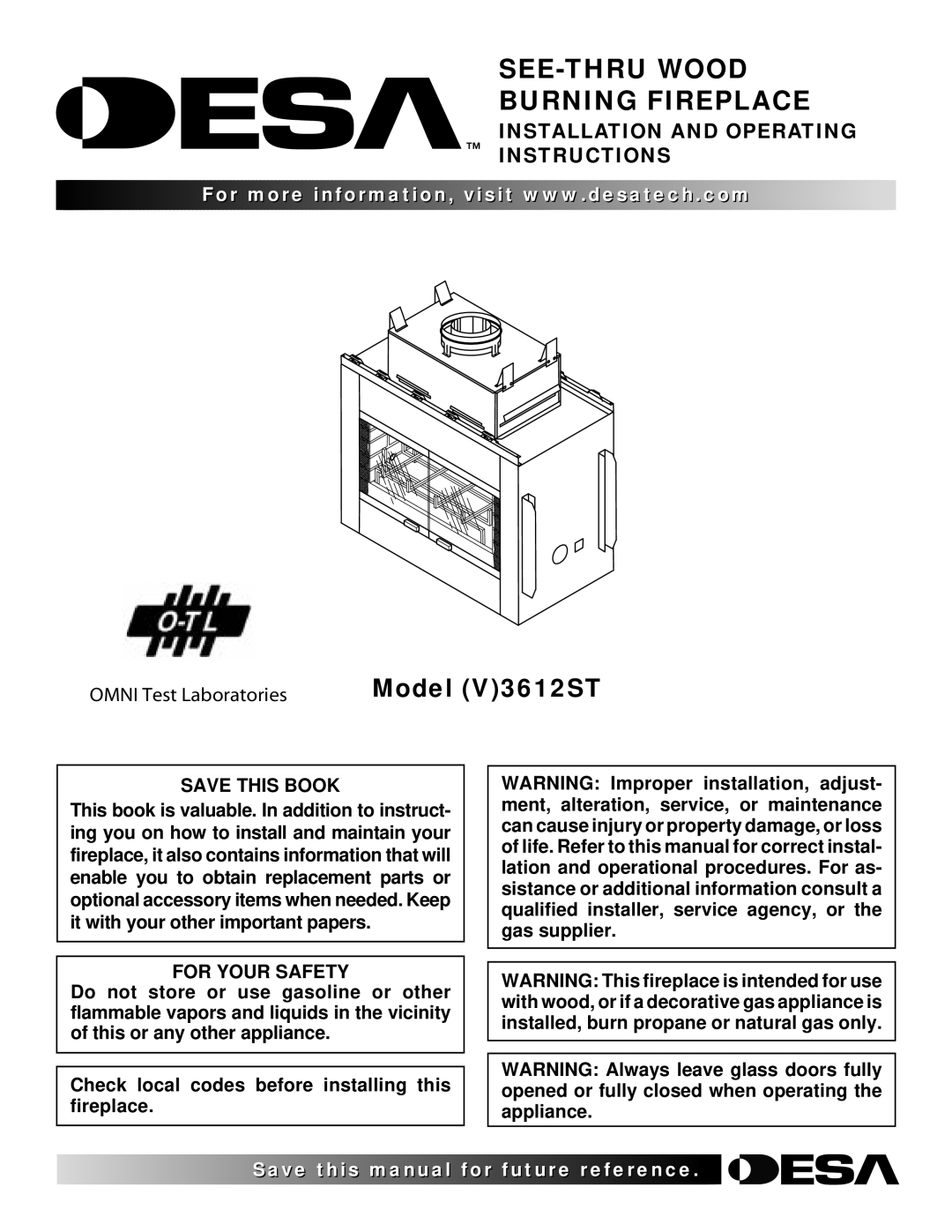 Desa (V)3612ST operating instructions Save this Book, For Your Safety 