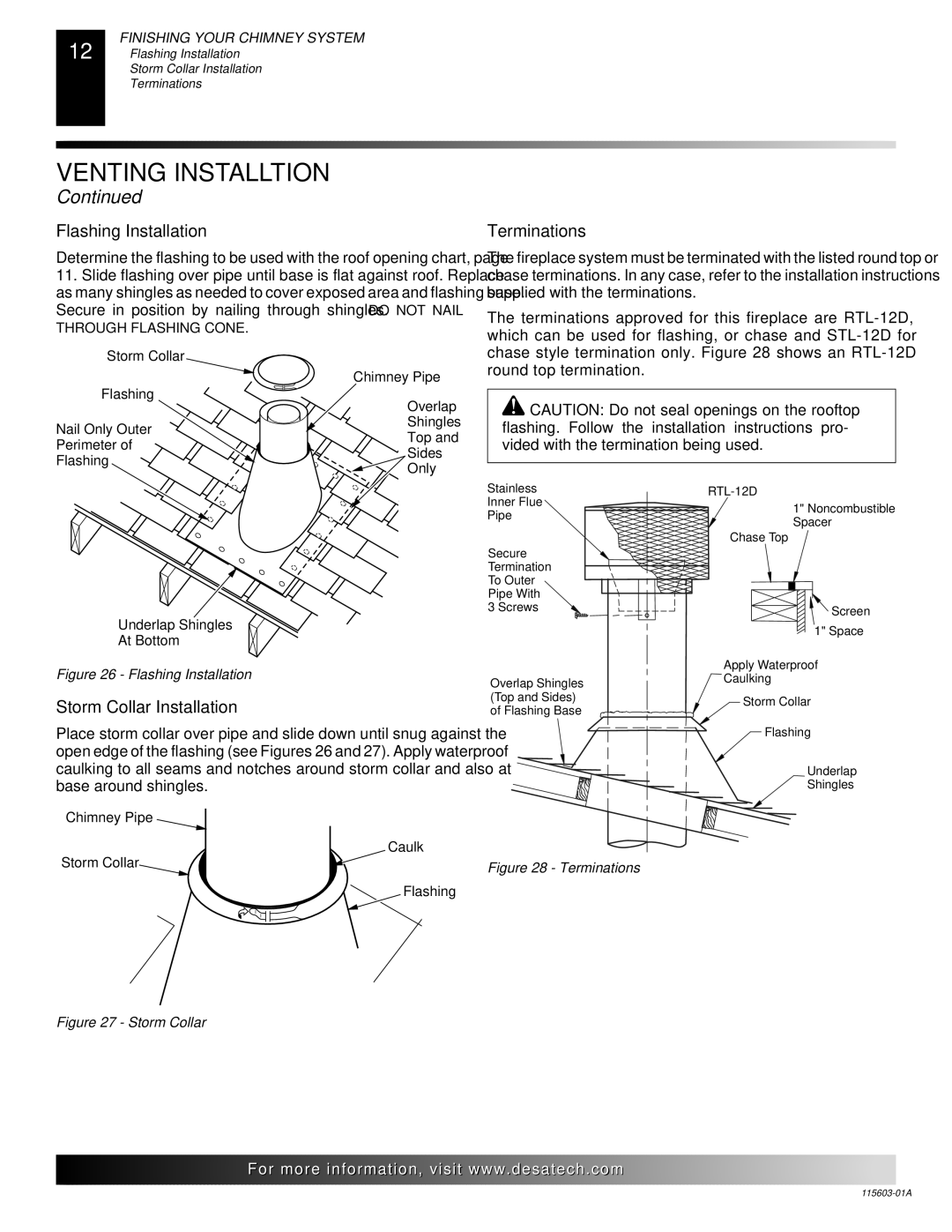 Desa (V)3612ST operating instructions Flashing Installation, Terminations, Storm Collar Installation 