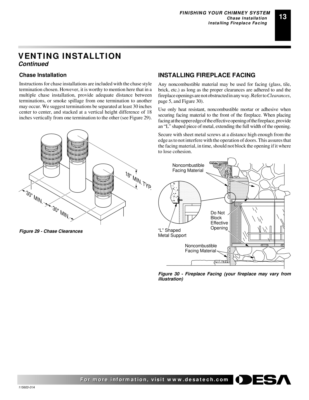 Desa (V)3612ST operating instructions Installing Fireplace Facing, Chase Installation 