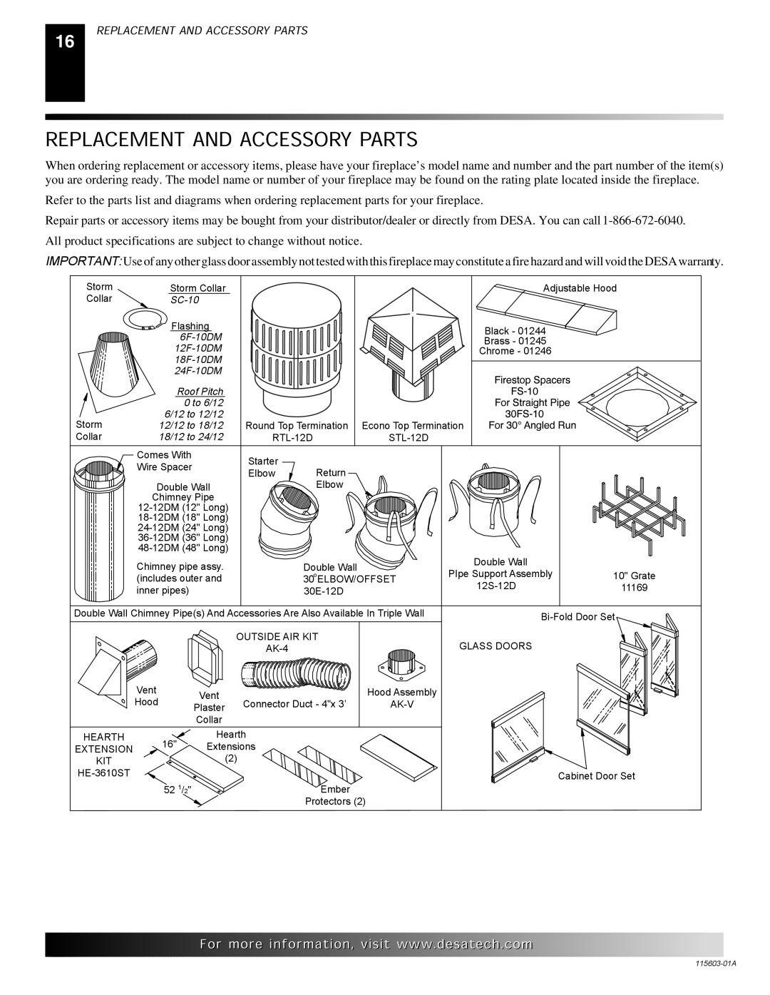 Desa (V)3612ST operating instructions Replacement and Accessory Parts 