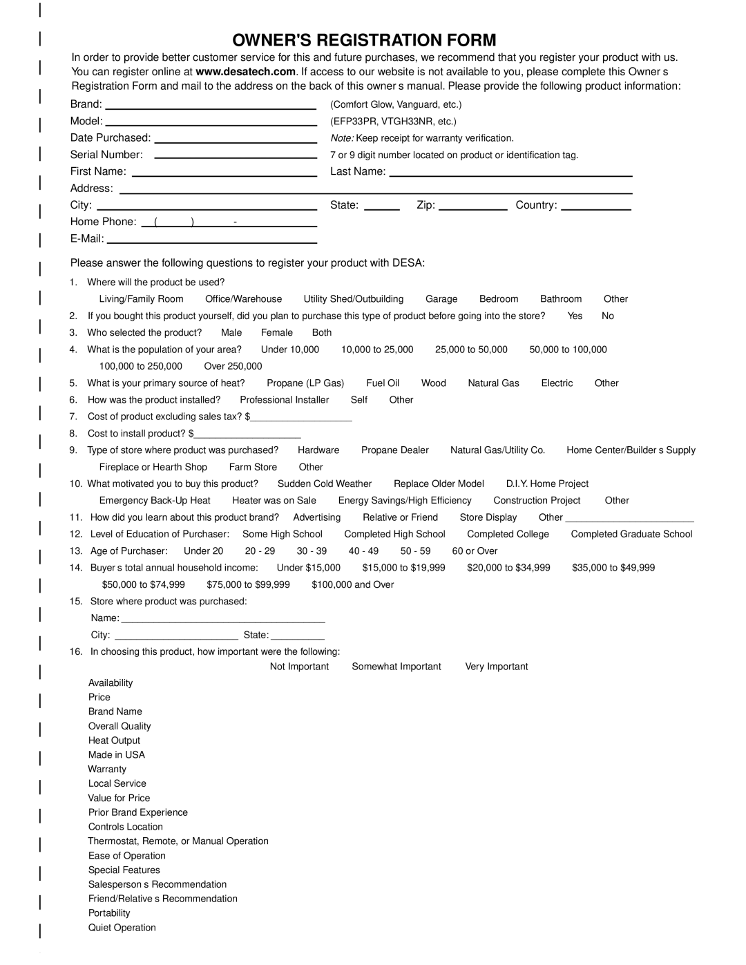 Desa (V)3612ST operating instructions Owners Registration Form 