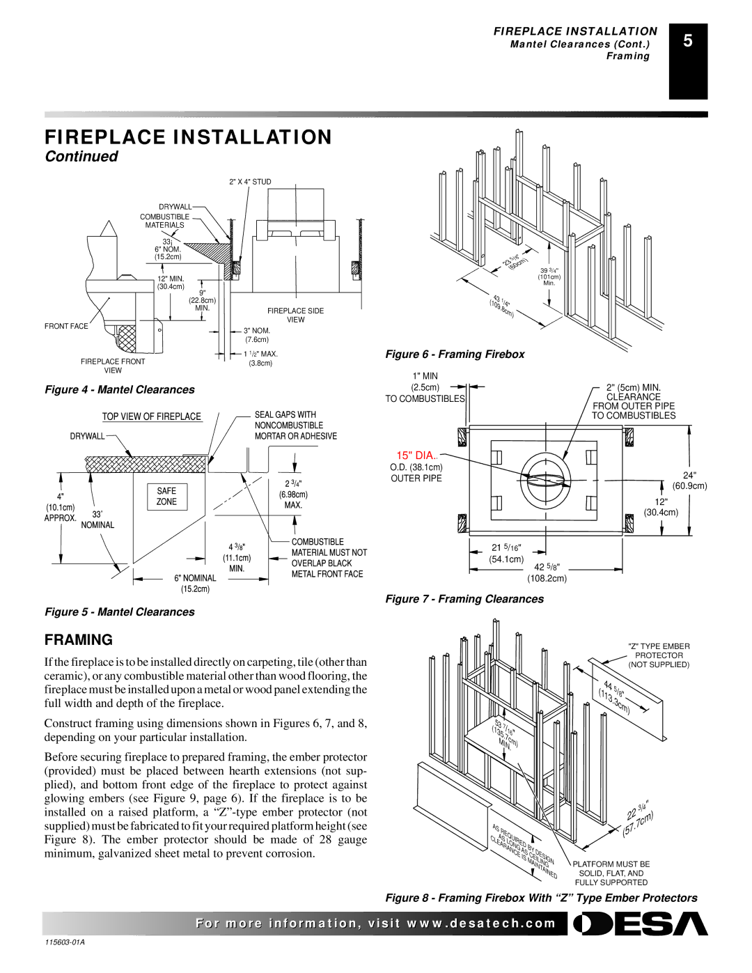 Desa (V)3612ST operating instructions Framing, Mantel Clearances 