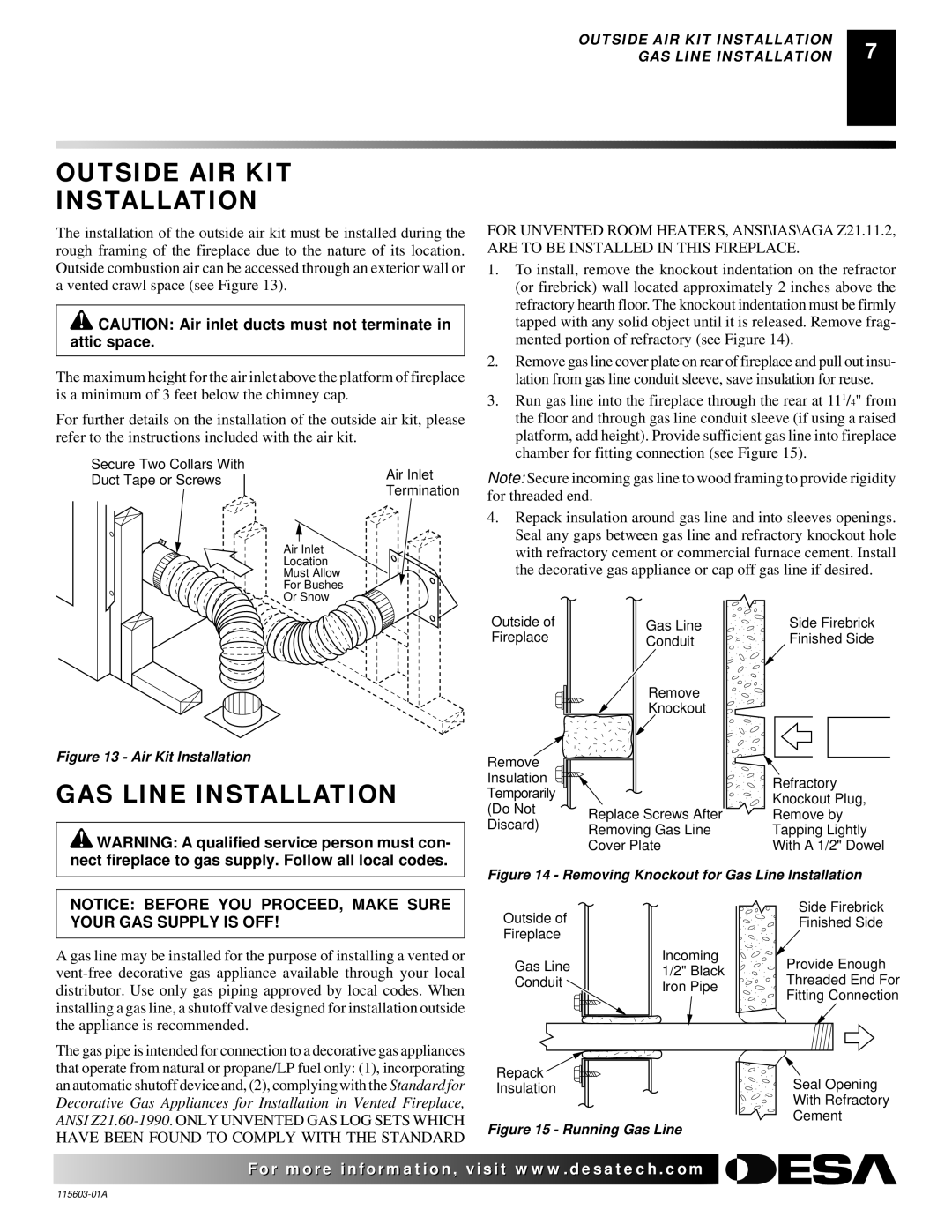 Desa (V)3612ST operating instructions Outside AIR KIT Installation, GAS Line Installation 