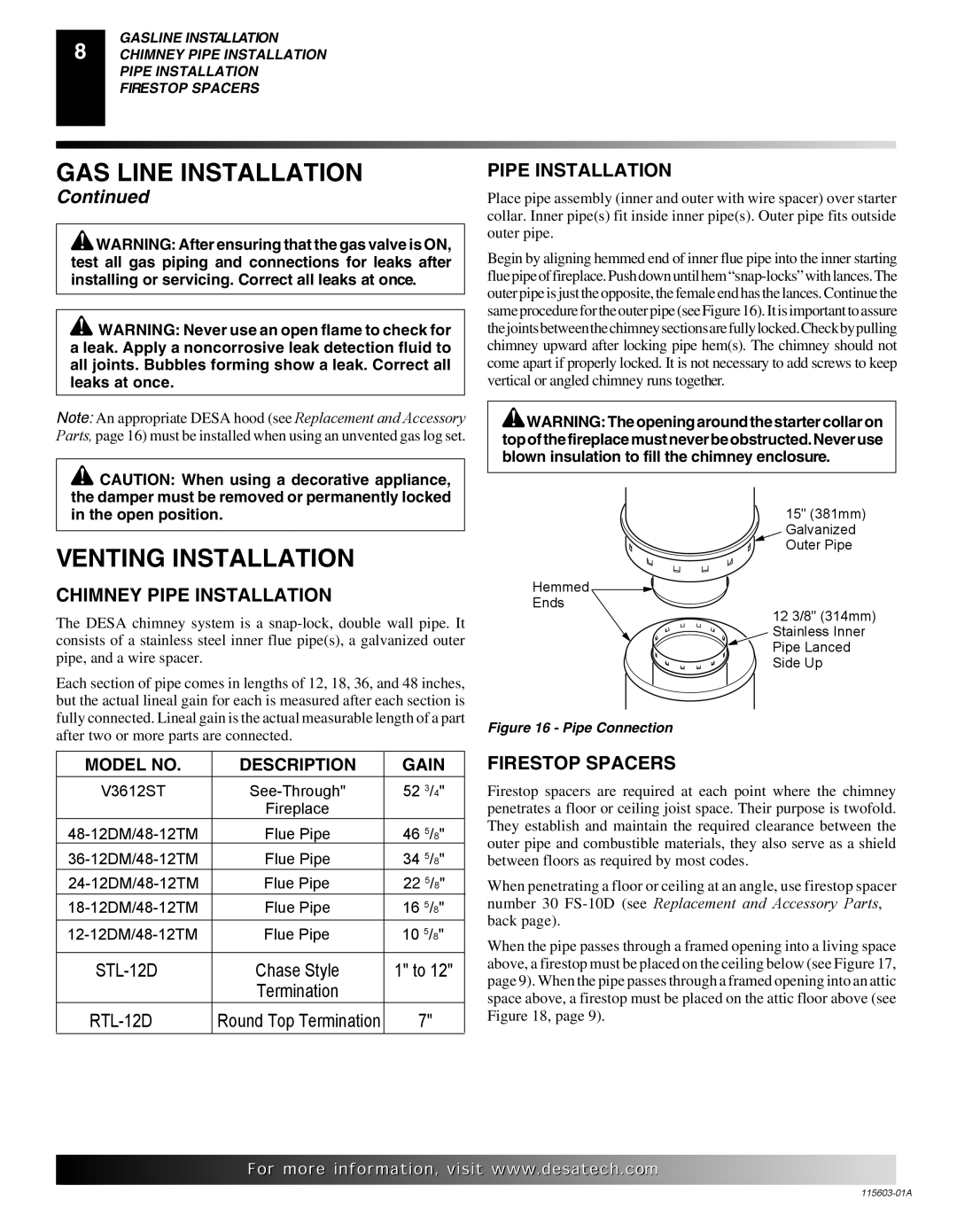 Desa (V)3612ST operating instructions Venting Installation, Pipe Installation 