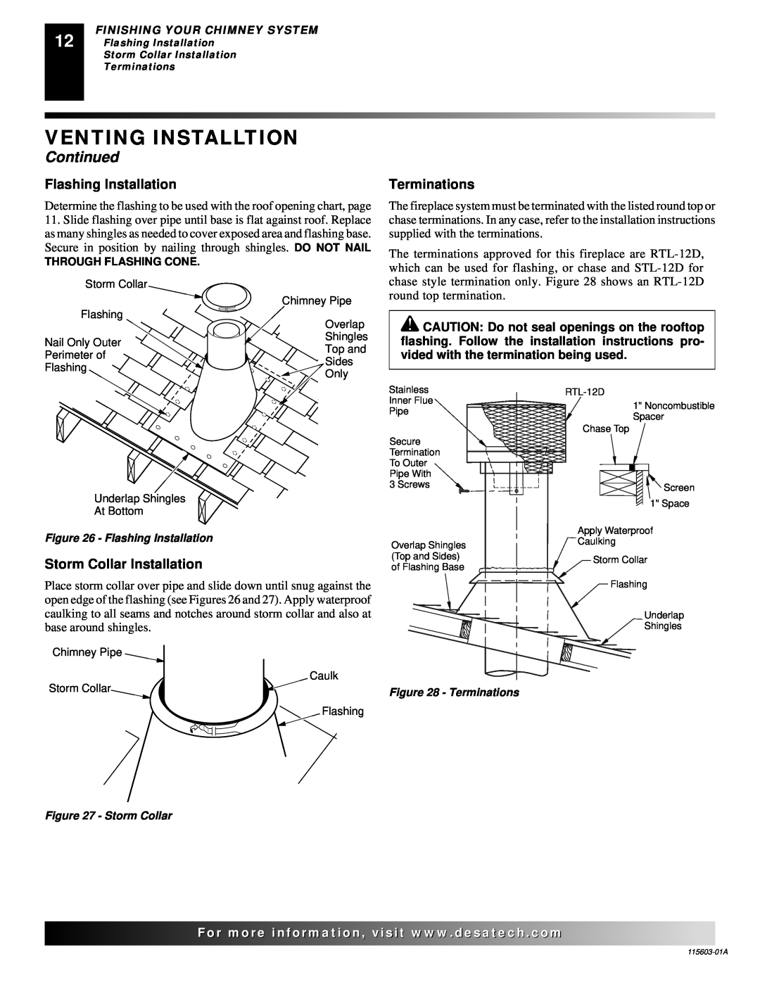 Desa (V)3612ST Venting Installtion, Continued, Flashing Installation, Terminations, Storm Collar Installation 