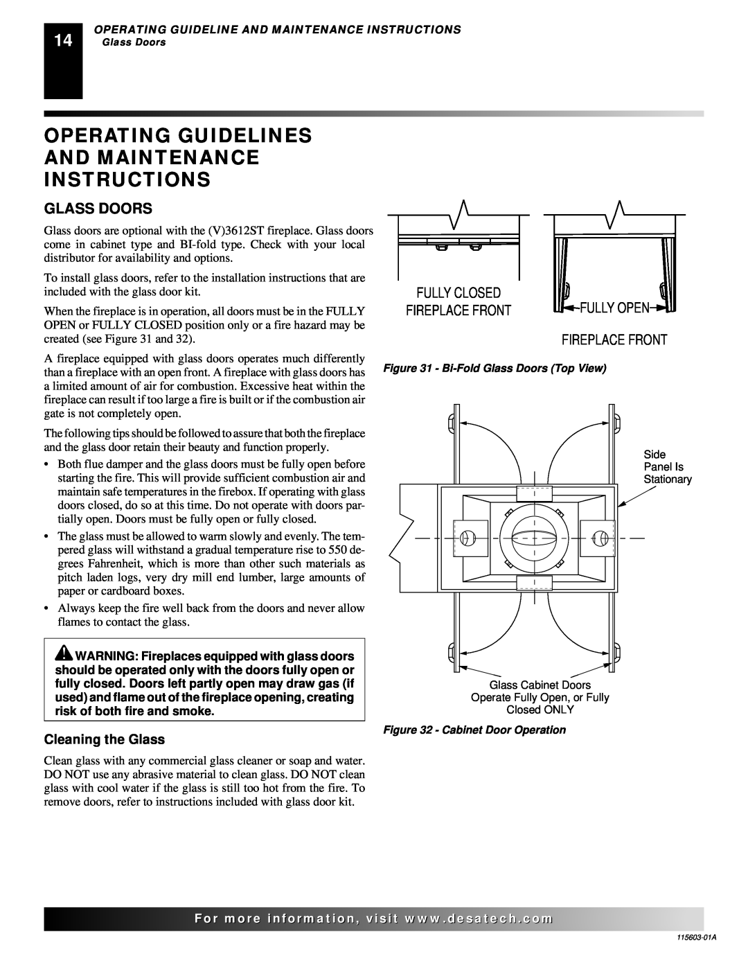 Desa (V)3612ST Operating Guidelines And Maintenance Instructions, Fully Closed, Fireplace Front, Glass Doors 