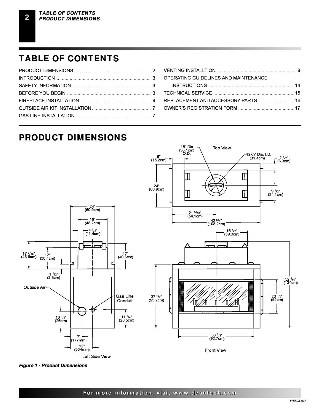 Desa (V)3612ST operating instructions Table Of Contents, Product Dimensions, 2PRODUCT DIMENSIONSTABLE OF CONTENTS 