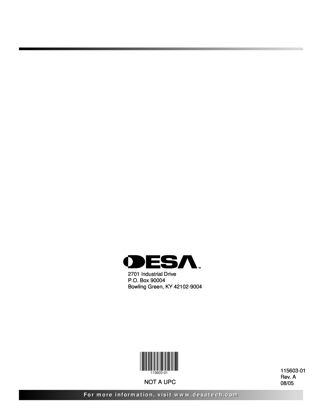 Desa (V)3612ST operating instructions Not A Upc, Industrial Drive P.O. Box Bowling Green, KY, 115603-01, Rev. A, 08/05 