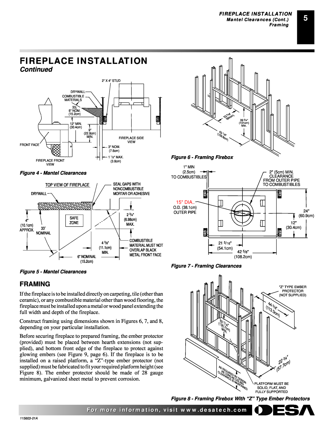 Desa (V)3612ST operating instructions Continued, Fireplace Installation, Framing 
