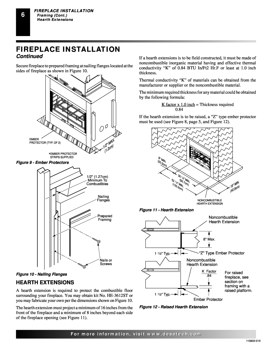 Desa (V)3612ST operating instructions Fireplace Installation, Continued, Hearth Extensions 