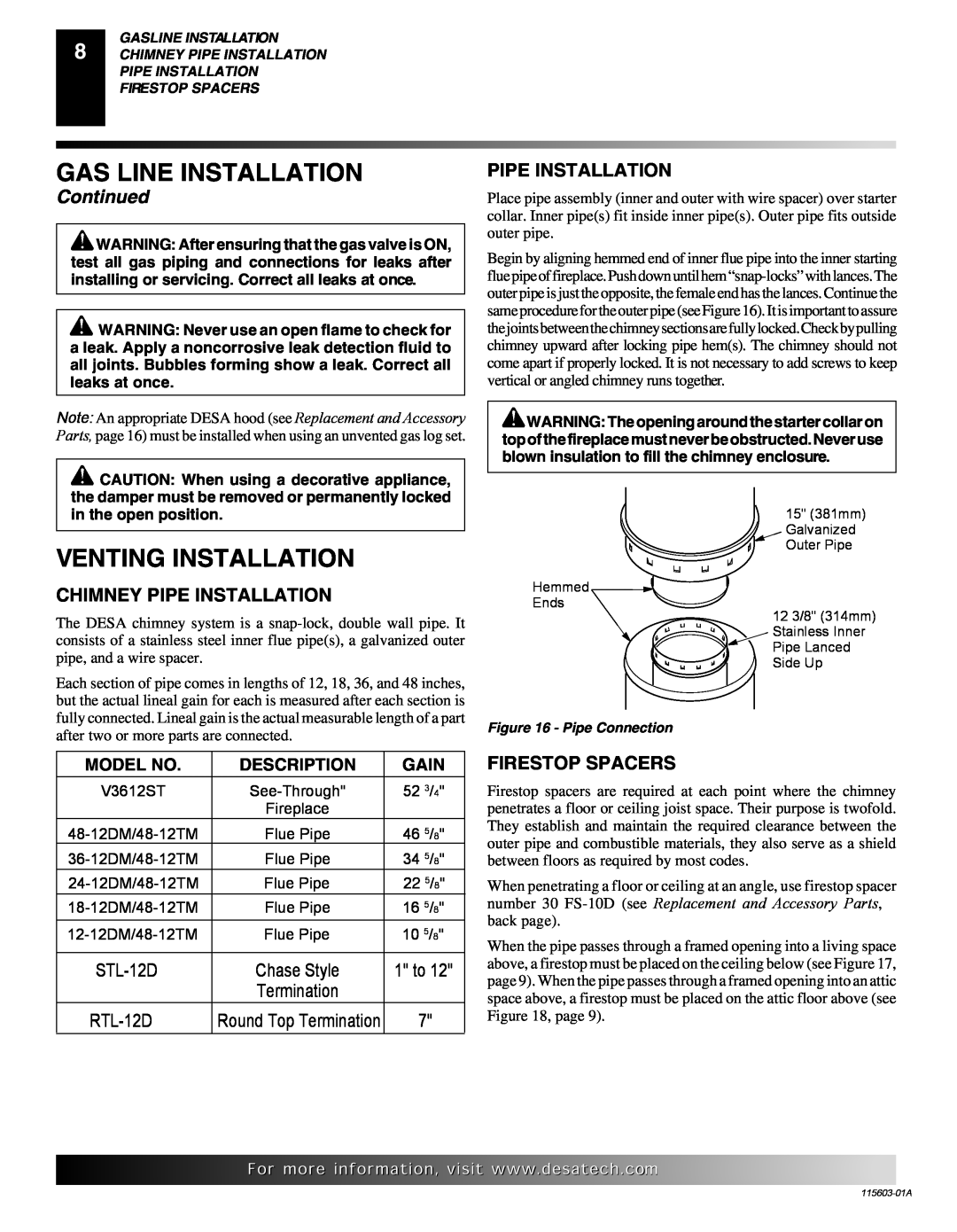Desa (V)3612ST Venting Installation, Gas Line Installation, Continued, Chimney Pipe Installation, STL-12D, RTL-12D 