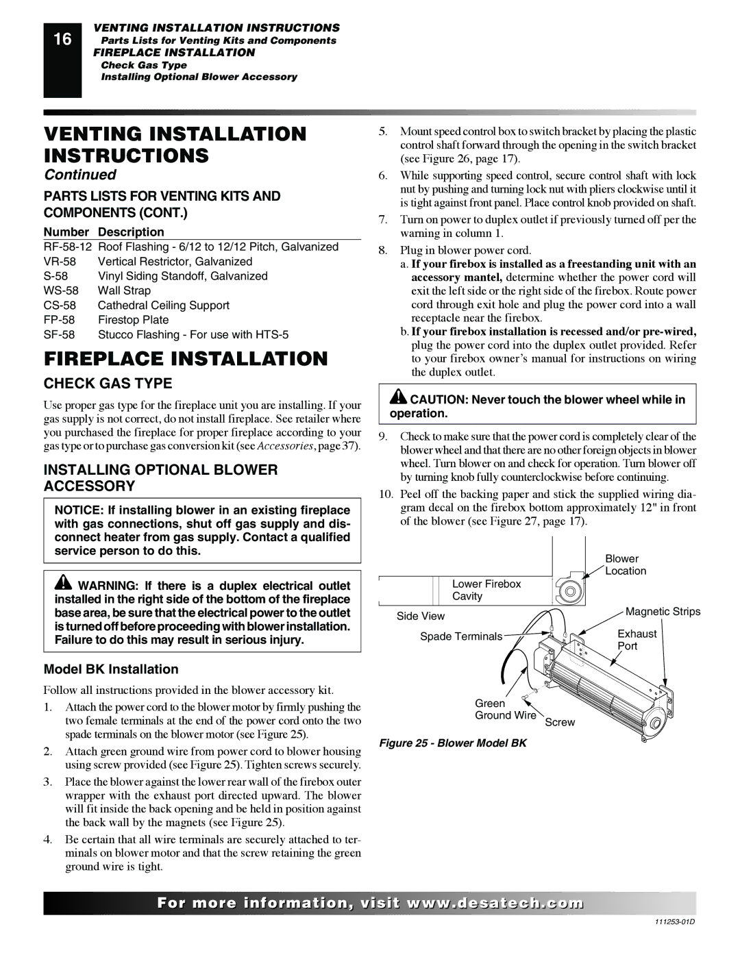 Desa V36EN-A, VV36ENB, V36EP-A, VV36EPB Fireplace Installation, Check GAS Type, Installing Optional Blower Accessory 