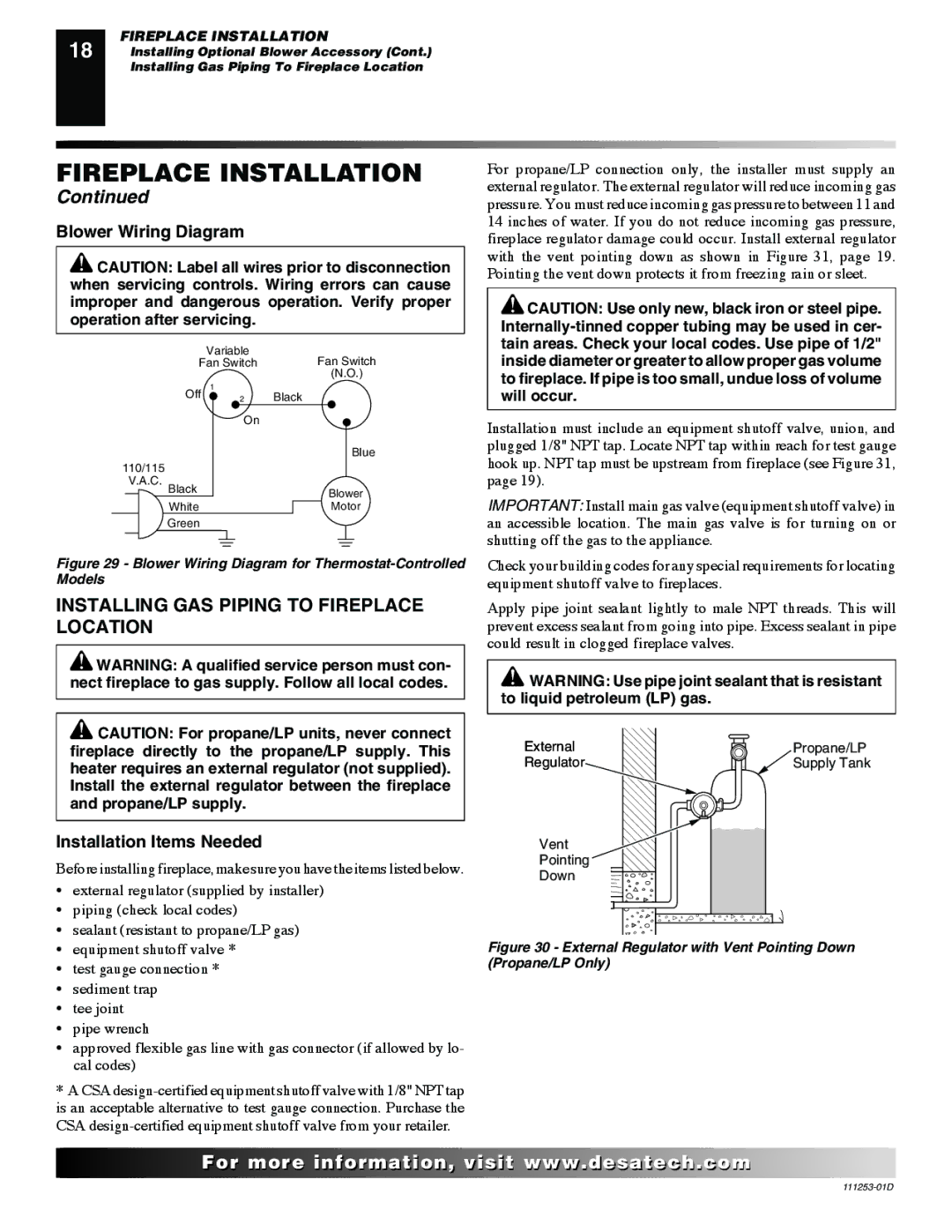 Desa V36EN-A, VV36ENB, V36EP-A, VV36EPB Installing GAS Piping to Fireplace Location, Blower Wiring Diagram 