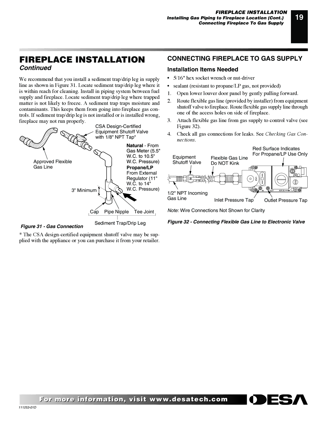 Desa V36EP-A Series, VV36EPB(1) Series installation manual Connecting Fireplace to GAS Supply, Gas Connection 