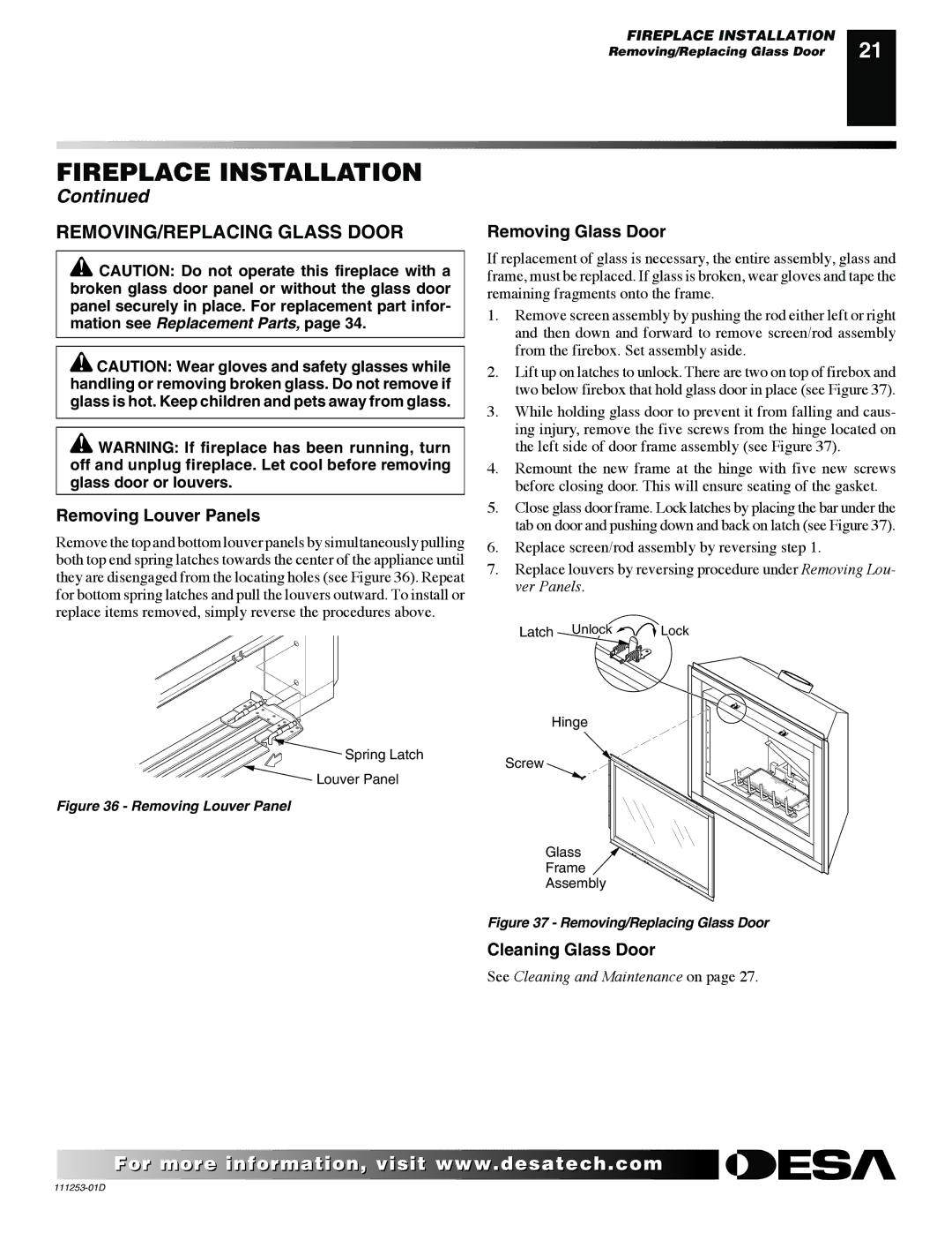 Desa V36EP-A Series, VV36EPB(1) Series REMOVING/REPLACING Glass Door, Removing Louver Panels, Removing Glass Door 