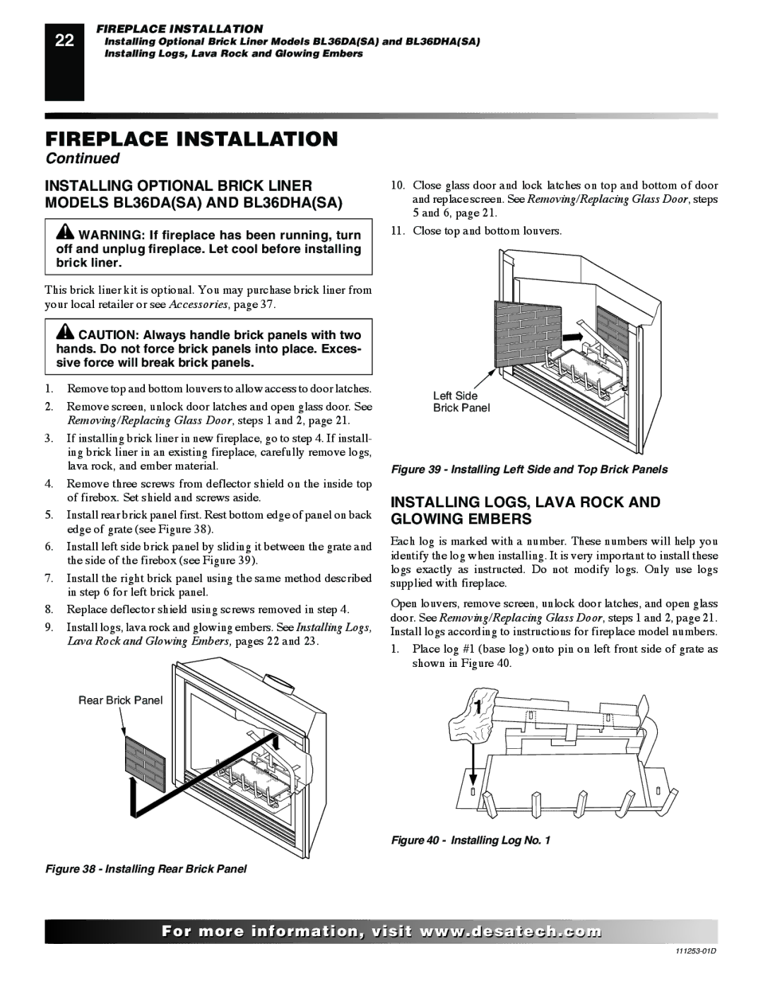Desa V36EN-A, VV36ENB, V36EP-A, VV36EPB Installing LOGS, Lava Rock and Glowing Embers, Installing Rear Brick Panel 