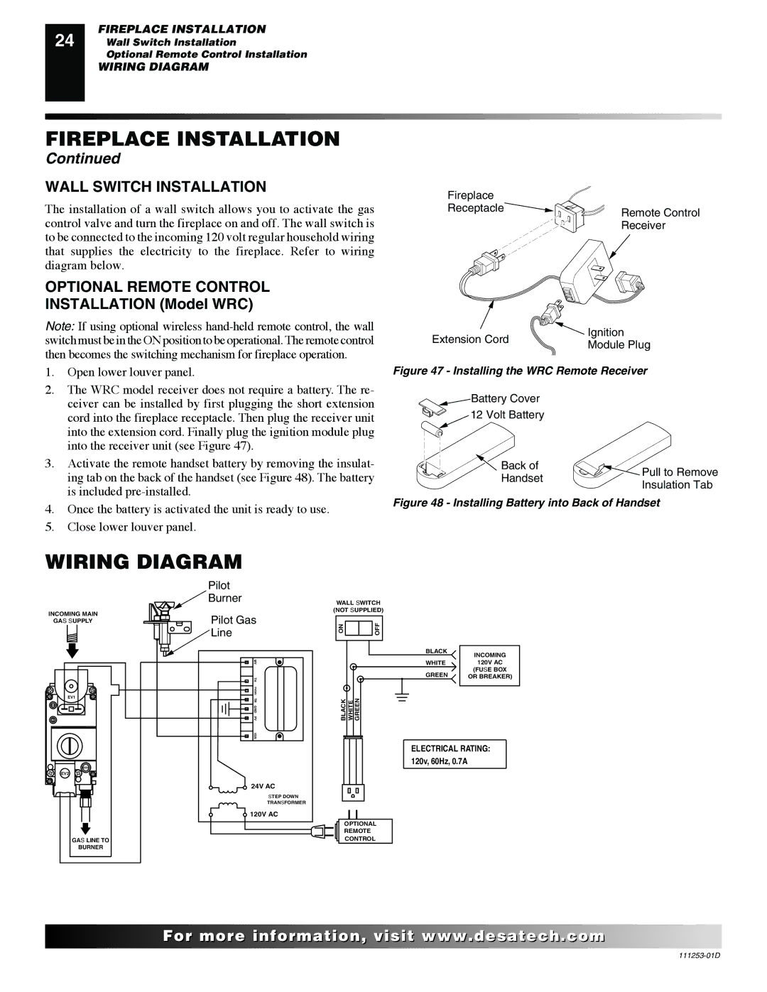 Desa V36EN-A, VV36ENB, V36EP-A, VV36EPB Wiring Diagram, Wall Switch Installation, Optional Remote Control 