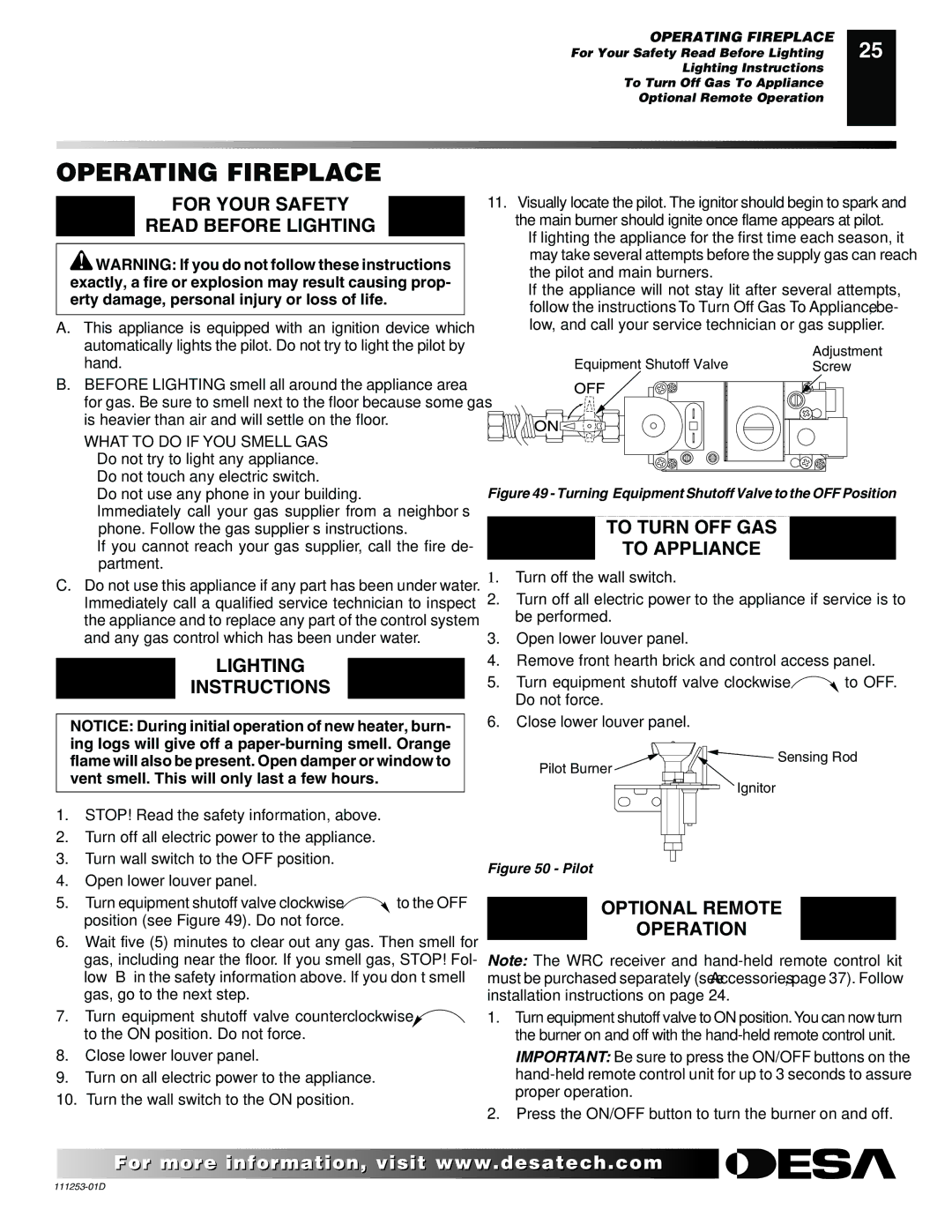 Desa V36EP-A Series, VV36EPB(1) Series Operating Fireplace, For Your Safety Read Before Lighting, Lighting Instructions 