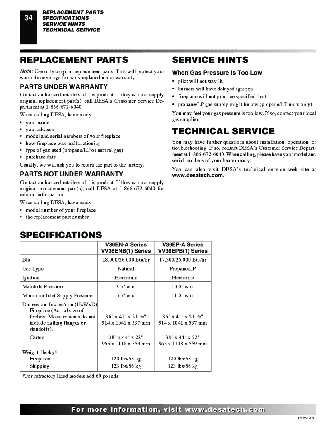 Desa V36EN-A, VV36ENB, V36EP-A, VV36EPB Replacement Parts Service Hints, Technical Service, Specifications 