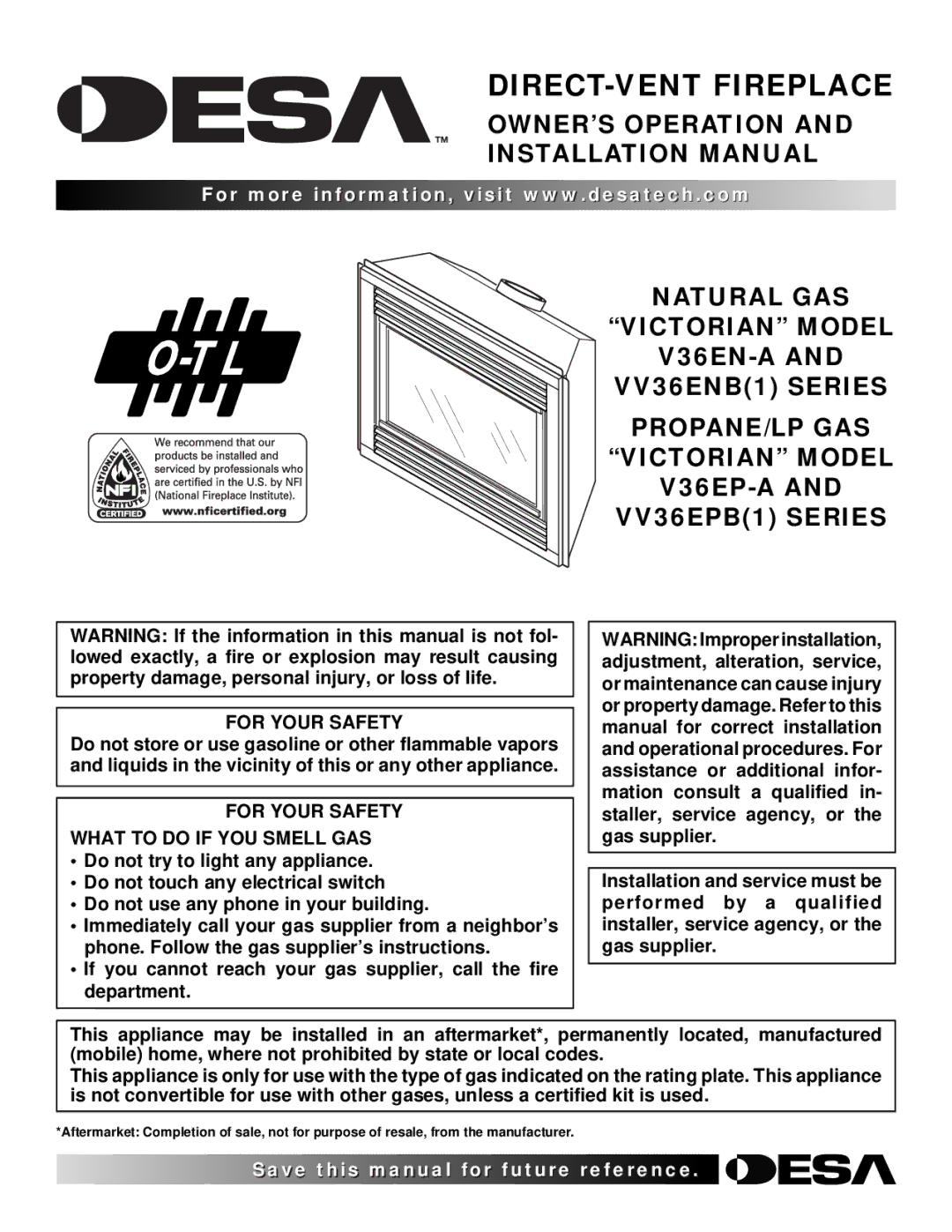 Desa V36EP-A SERIES, V36EN-A SERIES, VV36EPB(1) SERIES, VV36ENB(1) SERIES installation manual For Your Safety 