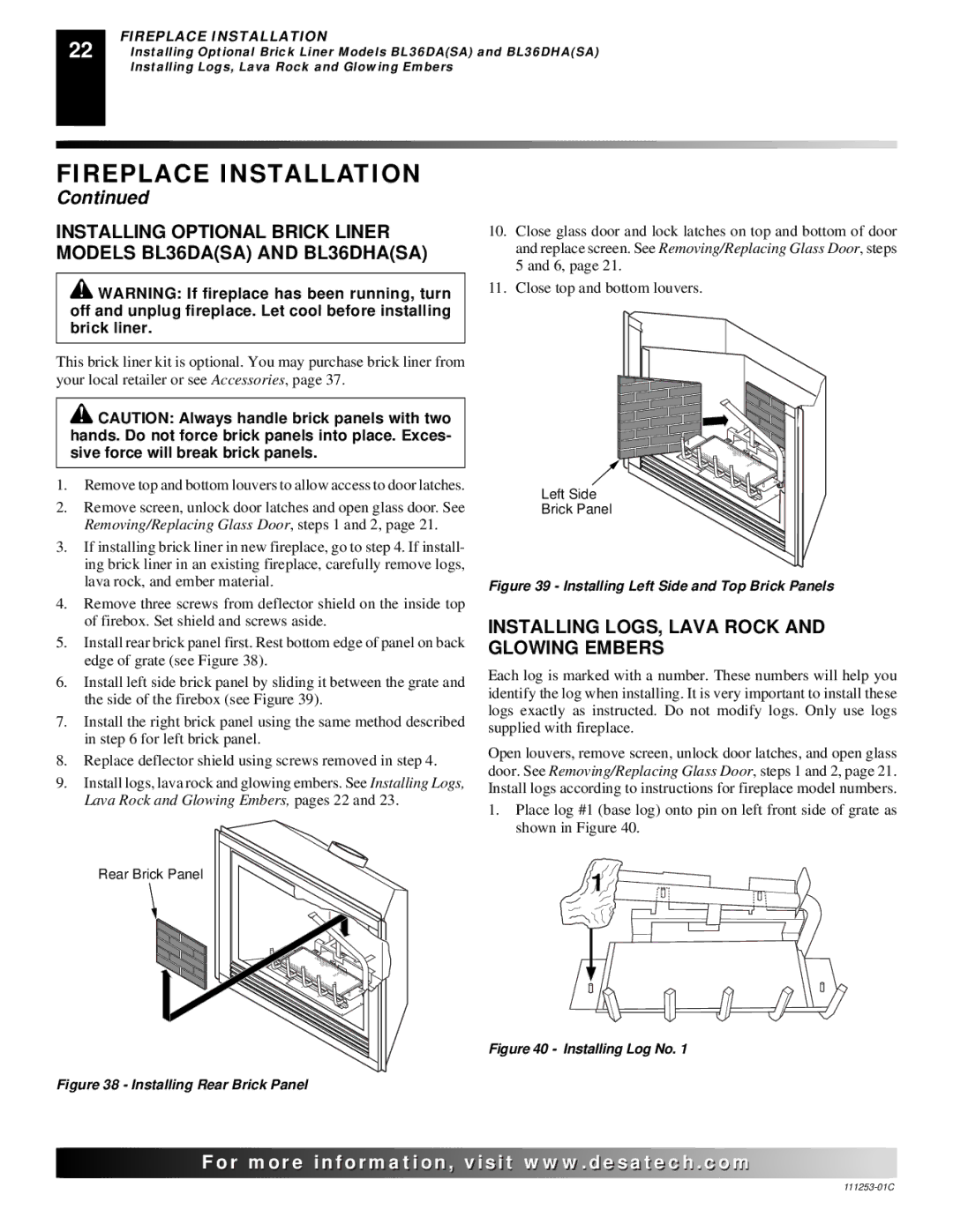 Desa V36EP-A SERIES, V36EN-A SERIES, VV36EPB(1) SERIES, VV36ENB(1) SERIES Installing LOGS, Lava Rock and Glowing Embers 