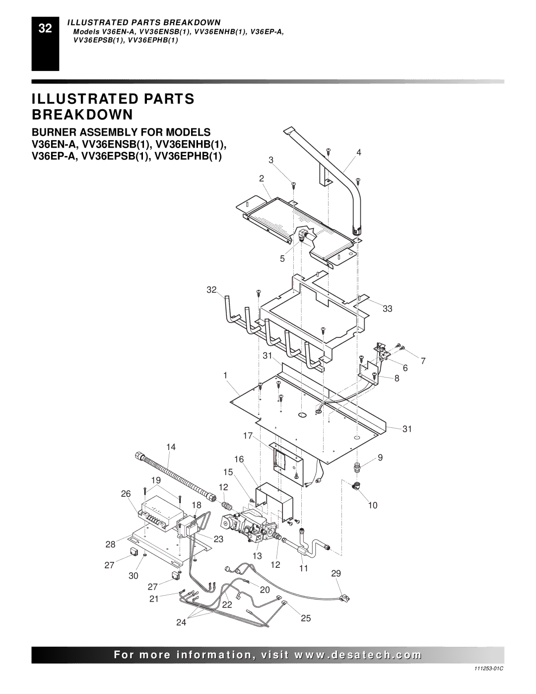 Desa V36EP-A SERIES, V36EN-A SERIES, VV36EPB(1) SERIES, VV36ENB(1) SERIES installation manual Burner Assembly for Models 